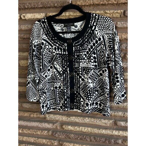 Cable & Gauge Black and White Geometric Cropped Cardigan Sweater Size Large P - Picture 6 of 7